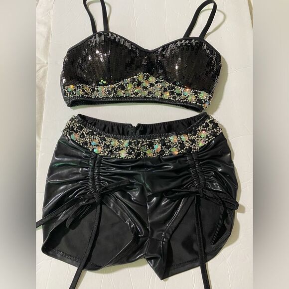 Glamour mature faux leather rocker goth Dance Custom solo costume 2 piece LA - Picture 3 of 13